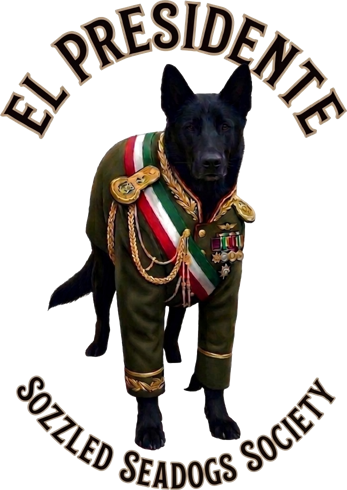 Crest of the Sozzled Seadogs Society, a dog in a general's uniform
