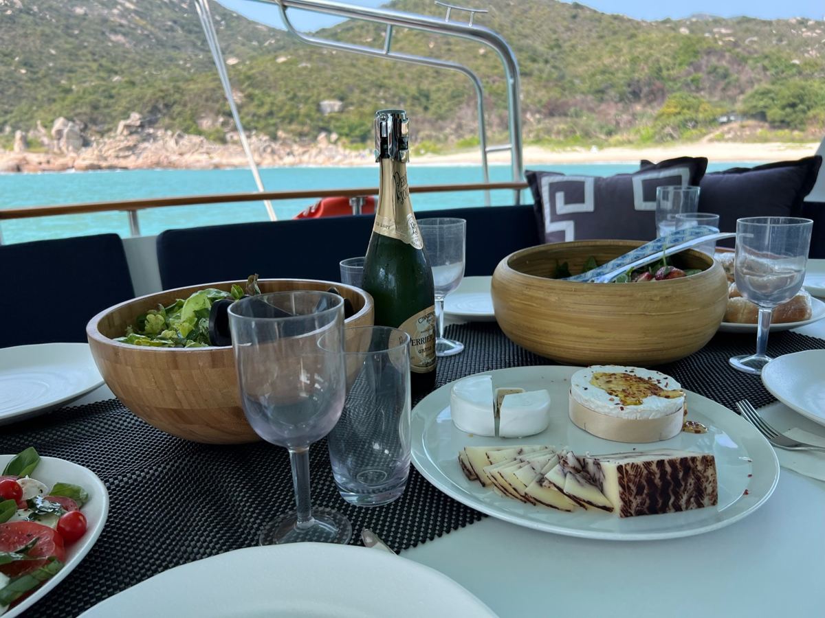 Lunch and champagne on the deck table